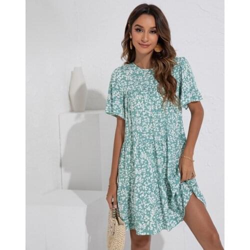 Women Dresses Summer 2021 Sexy Floral Print Boho Beach Dress Ruffle Short Sleeve Mini Dress for Women Clothes Streetwear 2XL