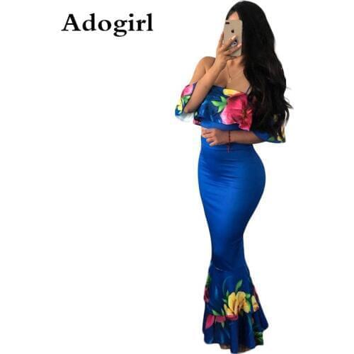 Floral Print Ruffles 2 Piece Set Dress Off Shoulder Crop Top +High Waist Bodycon Mermaid Maxi Skirt Women Party Club Outfits