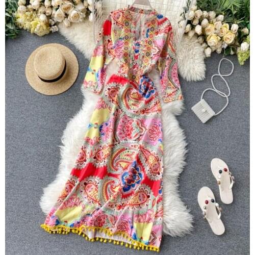 Spring summer womens v neck print medium long dress female national long travel beach dress TB219