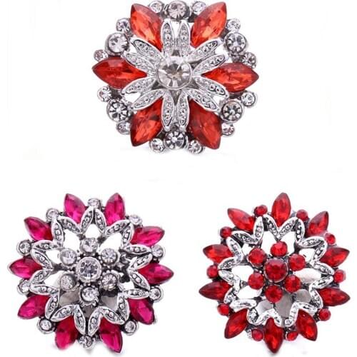 10pcs/lot New Christmas Snap Jewelry Red Rhinestone 18mm Flower Snap Buttons Fit Leather Silver Snap Button Bracelet Necklace