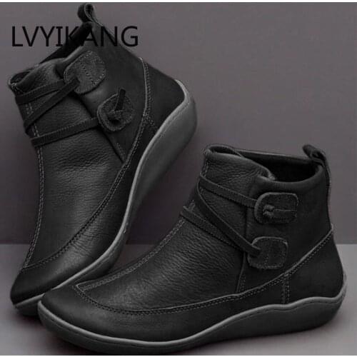 2019 Boots winter Womens Vintage Leather Boots Flat Waterproof Shoes Winter Round Toe Ankle Boots Mujer Warm Plush Insole#10