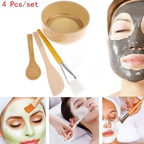4Pcs/set DIY Face Mask Mixing Tool Set Natural Bamboo Bowl Spatula Brush and Spoon