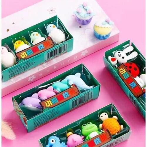 4pcs/set Animal Series Eraser Rabbit Dolphin Tortoise Penguin interesting School Office Stationery Supplies(ss-488)