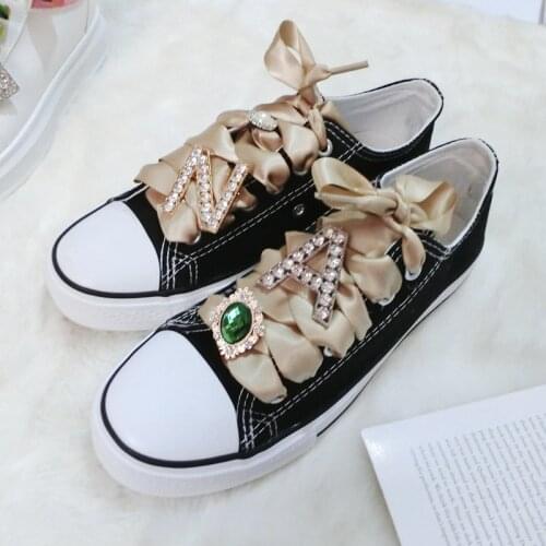 Satin Shoelaces Decoration Metal Diamond letters Silk Ribbons Shoe Accessories Shiny Rhinestones DIY Sneakers Shoes Decorative