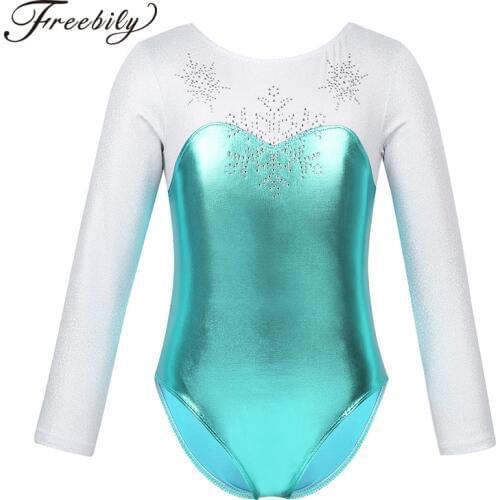 Kids Girls Long Sleeves Shiny Metallic Rhinestone Snowflake Ballet Dance Gymnastics Leotard One-Piece Swimsuit Child Dance Wear