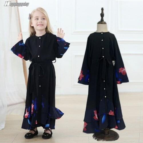 Children Dubai Open Front Abaya Kids Girls Black Cardigan Dress With belt Muslim Islamic Ramadan EID Gown Turkish Caftan
