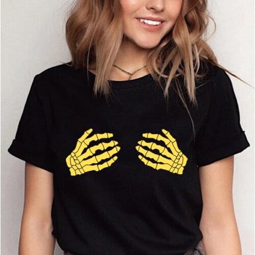 Skull Hands Print Tshirts Women Gothic Clothes Fashion Round Neck Graphic Streetwear Summer Cotton Casual Camisetas Mujer Tee