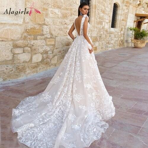 Lace Ivory Wedding Dresses V Neck Wedding Gown Backless Charming Bridal Dress Court Train White Dress Wedding Dresses For Bride
