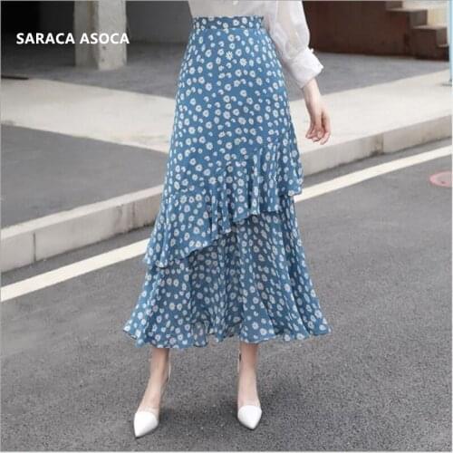 Summer Bohemian daisies Ankle-Length Print Chiffon Tutu Skirt Women High Waist Slim Hip Ruffles Cake Bust skirt Girls Ball Gown