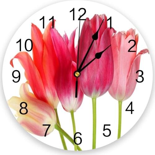 Tulips Red Flower 3d Wall Clock Modern Design Farmhouse Decor Kitchen Vintage PVC Round Clock Living Room Decoration