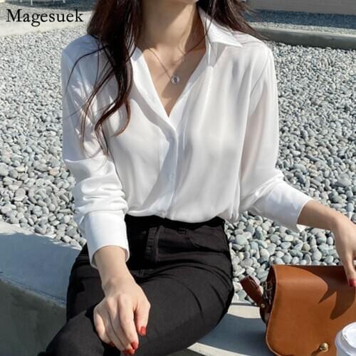 New Spring Plus Size Women Shirt Tops Turn-down Collar Chiffon Blouse Shirt Casual Loose Office Long Sleeve White Top Blusa 6830