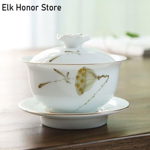 130ml New Product White Pottery Tureen Personal Hand Painted Year After Year Have Fish Gaiwan Bowl Cup With Lid Cover Saucer Kit