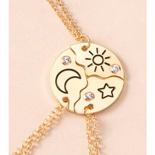 3 Pcs/Set Round Puzzle Pendant Necklace Cute Sun Moon Star Rhinestone Necklaces For Best Friends Sisters Brothers Gift