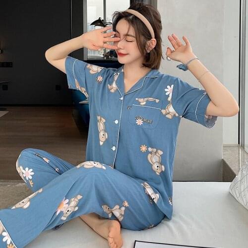 Short-sleeved Thin Pajamas Womens Spring and Summer Viscose Home Clothes Japanese Cartoon Cute Student Cotton Silk Pajamas Set