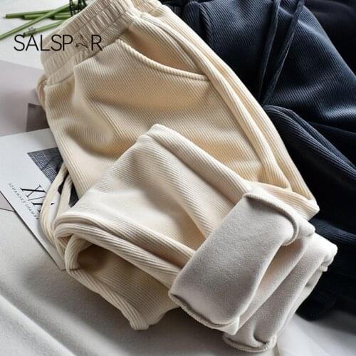 SALSPR Winter Thicker Elastic Waist Pants Loose Large Size Solid Color Cotton Harem Pant Women Casual Warm Trousers Shipping