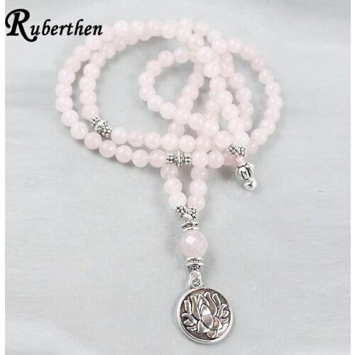 Ruberthen 6 mm Rose Quarz Lotus Charm Bracelet Women`s Pink Crystal 108 Mala Yoga Wrist Bracelet Best Gift for Her