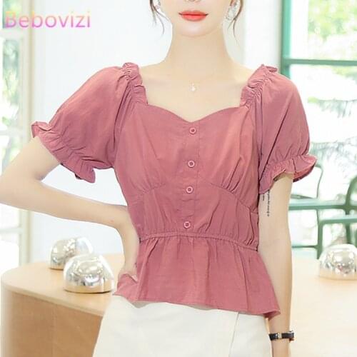 2021 New Fashion Korean Clavicle Exposed Casual Office Lady Pink White V-neck Lace Blouse for Women Summer Puff Sleeve Tops