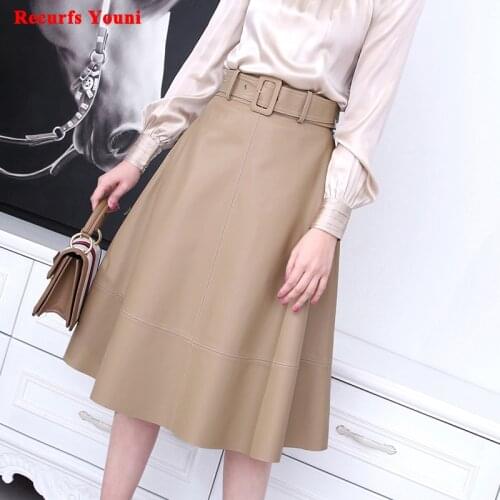 Stylish Genuine Leather Skirt Women Spring European Style Champagne High Waist Umbrella Jupe Femme Retro Elegant Mid Long Faldas