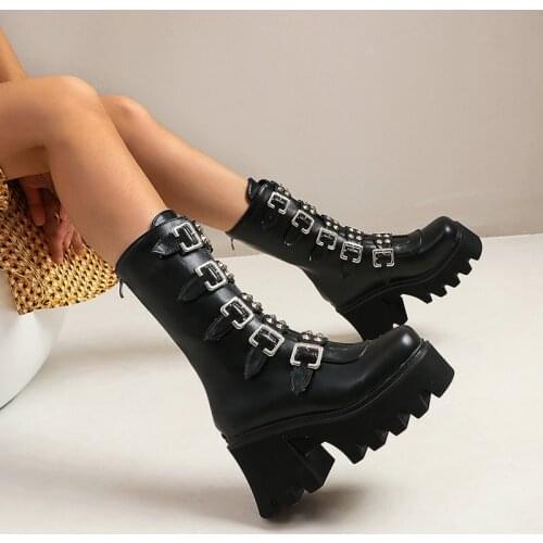 New Motorcycle Boots Women Platform Chunky High Heels Rivet Buckle Womens Leather Boots 2021 Fashio Punk Botas De Mujer