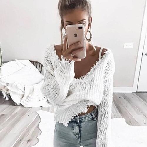 9 Colors Tassel Deep V Knitted Pullover Sweaters Women Fashion Lazy Wind Long Sleeve Knit Crochet Female Cropped Jumper Pull Top