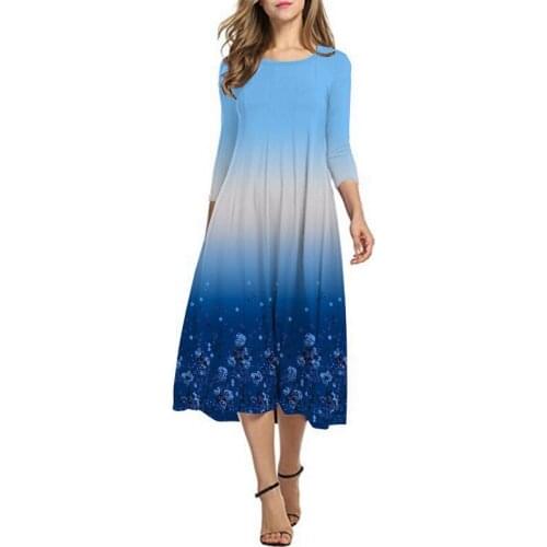 2021 Autumn New Floral Print Slim Mid Long Dress 3/4 Sleeve 3D Digital Printing Gradient Color Loose Casual Dresses Femme