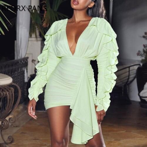 Women Solid Deep V Neck Asymmetrical Ruffle Hem Pleated Mini Sexy Bodycon Party Dress