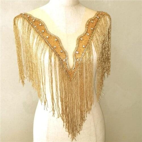 1Pc Gold Front Back Side Iron On Wedding Embroidered Crystal Rhinestone Collar Necklace Appliques With Fringe