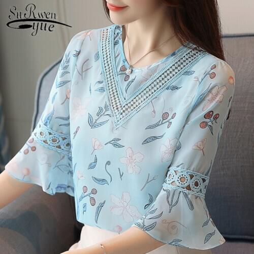 2021 Fashion Print Chiffon Blouse Women Shirt Flare Sleeve Summer Women Tops Hollow Chiffon Women Blouses Shirts Blusas 0278 40