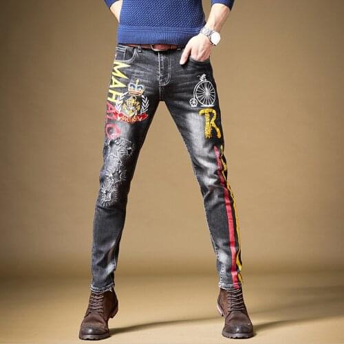 Free Shipping 2019 New mens male denim pants jeans straight Korean brand embroidery print personality hole skinny trousers