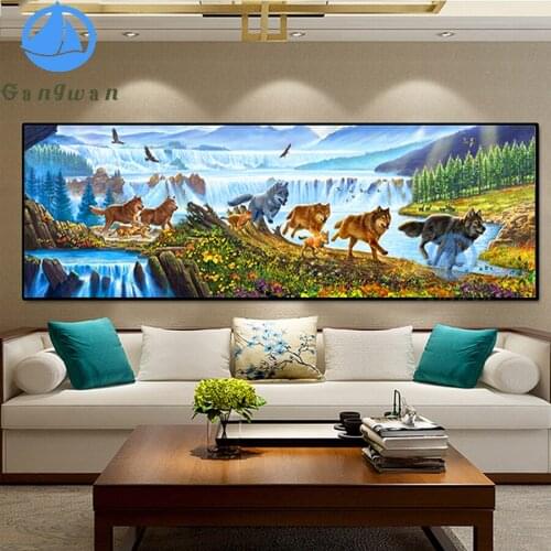 Animals wolves full Square Round Diamond Painting large size Wolves On The Run Diamond Embroidery Cross Stitch Falls Home Decor
