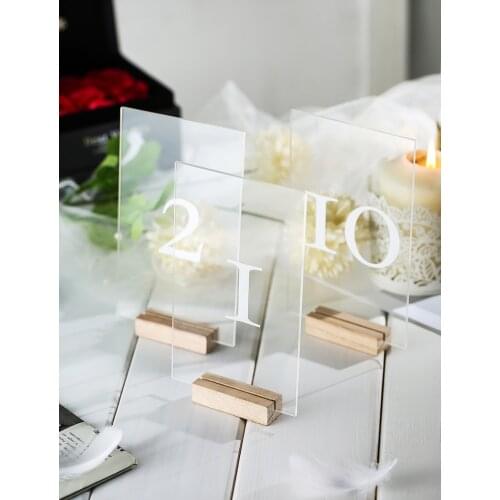Personalized Clear Acrylic Wedding Table Numbers with Holders Calligraphy Wedding Signage Rustic Clear Wood Table Number Stand