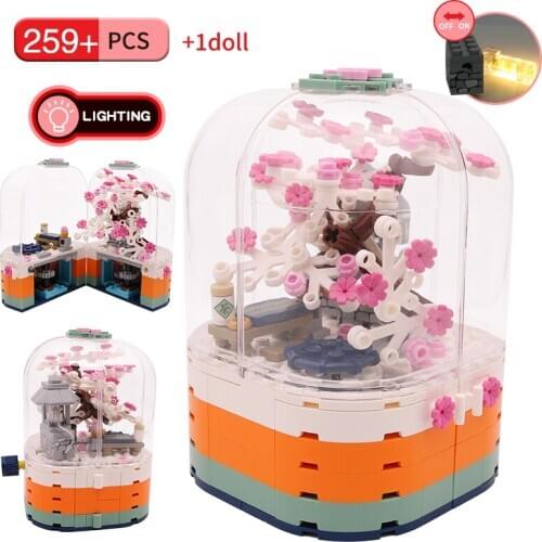 Kacuu Creator Expert Building Blocks Cherry Blossom House Tree Bricks Creative LED Light Rotating Box Toys for Children Gift
