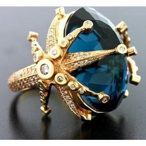 Luxury Yellow Gold Filled Starfish Ring Inlay Oval Cut Royal Blue Zircon Rings For Women Fine Wedding Jewelry Summer Beach Ring