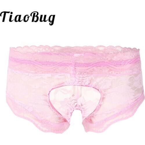 Mens Erotic Lingerie Sissy Underwear See-through Lace Crotchless Briefs Thong Panties Floral Pattern T-Back Underpants Nightwear