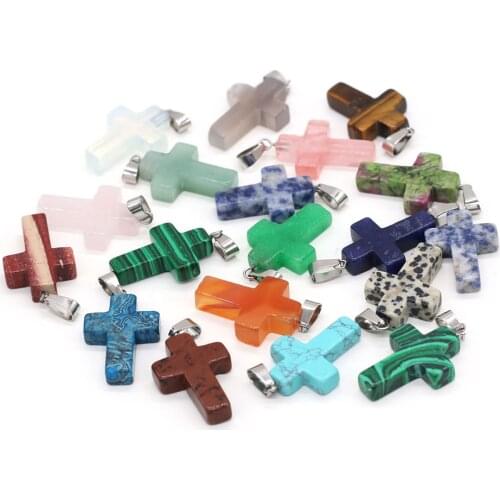 Natural Stone Rose Quarts Tiger Eye Stone Pendant Necklace Charms Cross Shape Pendant for Jewelry Making DIY Necklace 18x25mm