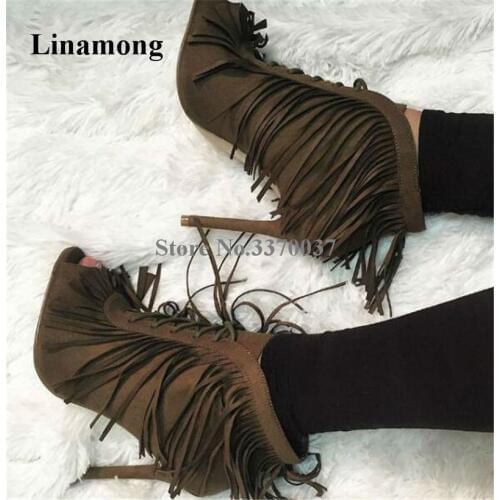 Women Charming Fashion Peep Toe Suede Leather Stiletto Heel Tassels Short Gladiator Boots Fringes Lace-up High Heel Ankle Boots
