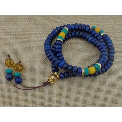 108 Mala Natural Lapis Lazuli Handmade Beaded Necklace 6 Syllable Mantra Tassel and Buddha Head Charm Pendant Jewelry