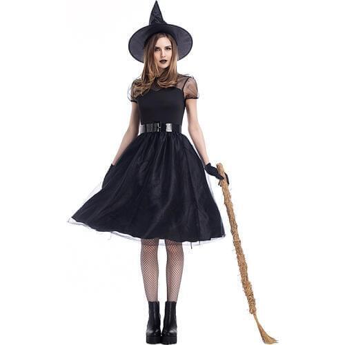 Mother And Child Evening Dress Witch Cosplay Black Outfit Girl Mesh Lace Dress Hat Gloves 3Pcs Set Halloween Cosplay Costumes