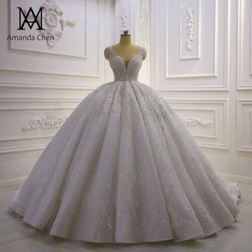 Popular Cap Sleeve Lace Pearls Puffy Ball Gown Wedding dress