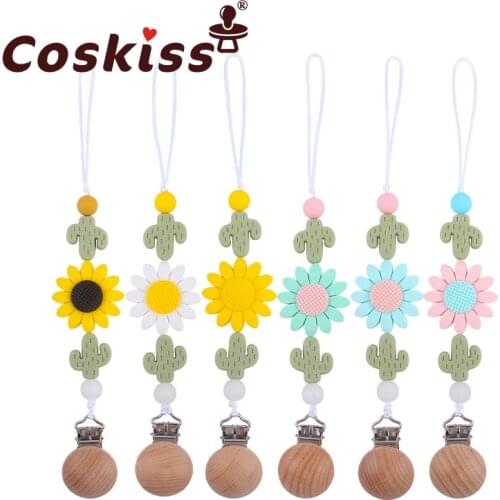 Coskiss Teether Beech Wooden Clip Silicone Cactus Sunflower Shape Teething Beads Pacifier Chain DIY Handmade Nipple Holder