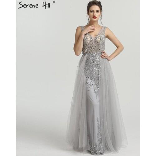 Silver Luxury Diamond Crystal Sleeveless Evening Dress V-Neck Sexy Fashion With Train Evening Dress 2021 Real Photo LA6185