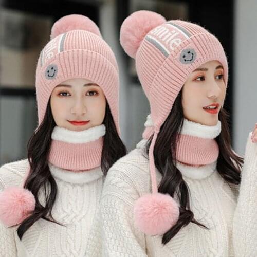 New Letter Smiley Winter Hat Keep Neck Warmer Hat Set Thick Beanie Hat Casual Winter Hats For Women Add Fur Lining Warm Knitted
