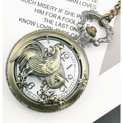 Vintage Hollow Chicken Pattern Quartz Pocket Watches Bronze Retro Chain Watches Best Gift for Men Women reloj de bolsillo