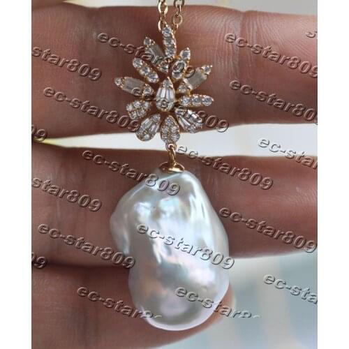 Z11211 A+ 24mm White Baroque Keshi Pearl 925silver Gold-Plating CZ Pendant Woman Fine Jewelry