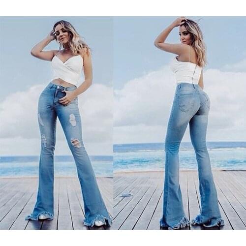 Flare Jeans Women Ripped Wide Leg Jeans Denim Trousers Vintage Bell Bottom Jeans High Waist Pants Ladies Push Up Calca Jeans
