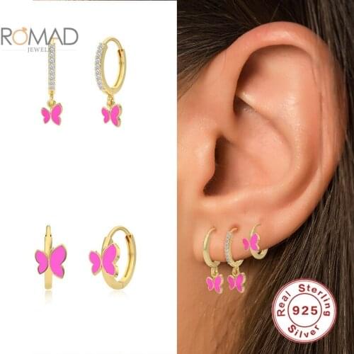 ROMAD 925 Sterling Silver Butterfly Pendant Huggie Earrings Pendientes Plata Jewelry Enamel Hoops Earrings For Women Oorbellen