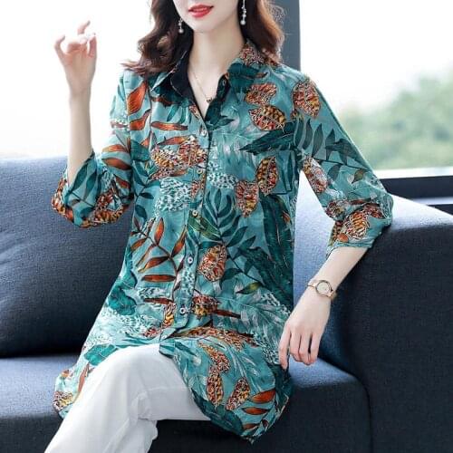 Women Spring Summer Shirts Temperament Polo-Neck Casual Print Blouses Loose Ladies Tops Ropa De Mujer Blusas DM0864