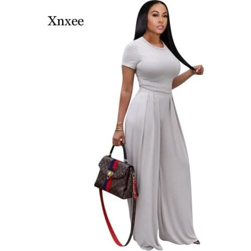 Summer Short Sleeve Crop Tops Flares Trousers Two Piece Pants Set Loose High Waistcasual Wide Leg Pants Women Suit Bodycon