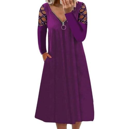 Plus Size Women Long Dress Elegant Party Rhinestone Hollow Out Sleeve Zipper V-Neck Solid Color Mid-Calf Dresses Wedding