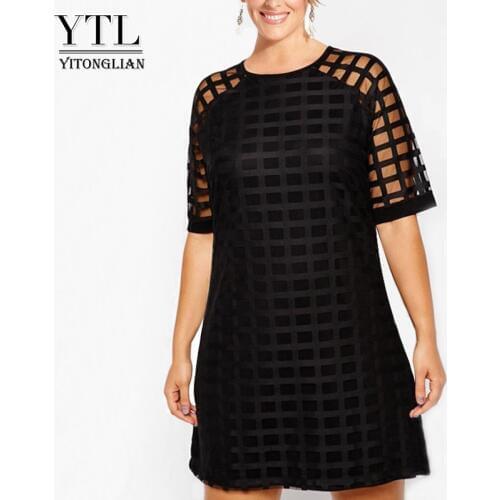 YTL Women Plus Size Dress Black Mesh Short Sleeve Shift Mini Dress Big Size Summer Vintage Party Dresses 4XL 5XL 6XL 7XL H084